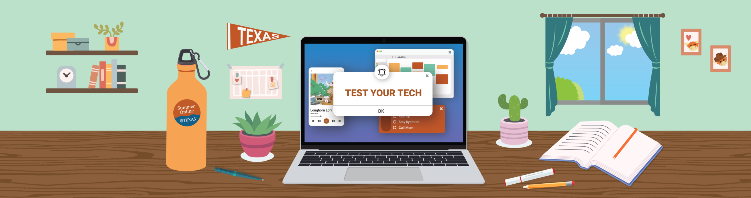 Test Your Tech; image of a laptop showing the words 'Test Your Tech', surrounded by stationary, small potted plants, and a water bottle